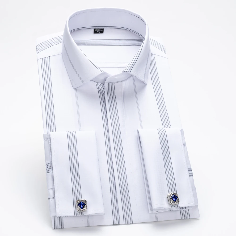 

Men's Tuxedo Shirt Windsor Collar Adjustable Button French Cuff Front Covered Placket Wrinkle-Free Slim Striped Dressy Shirts