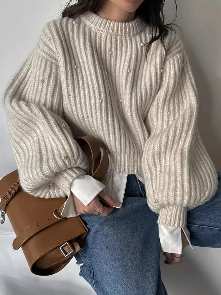 

Clothland женский милый свитер с жемчугом и бисером, пуловер с круглым вырезом и длинными рукавами, женские модные повседневные свободные топы Mujer HA632