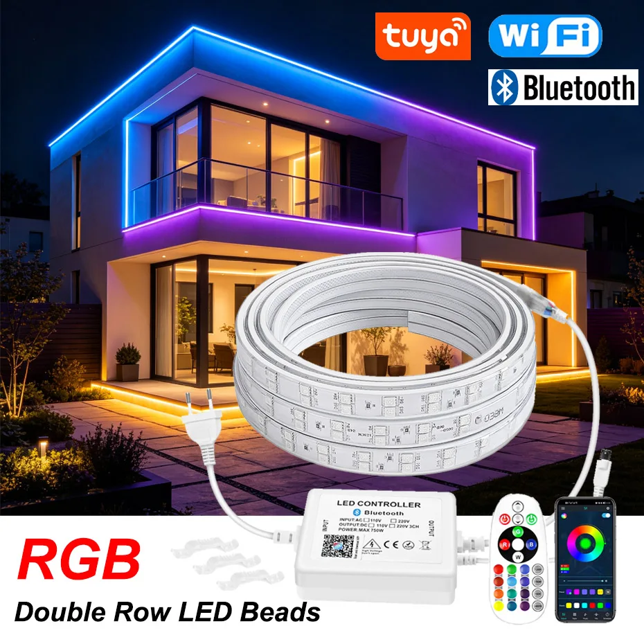 1m-30m Double Row RGB Led Strip lights AC220V SMD5050 Waterproof Flexible Tape 4Pin 750W IR Remote/Bluetooth /Smart WiFi Control