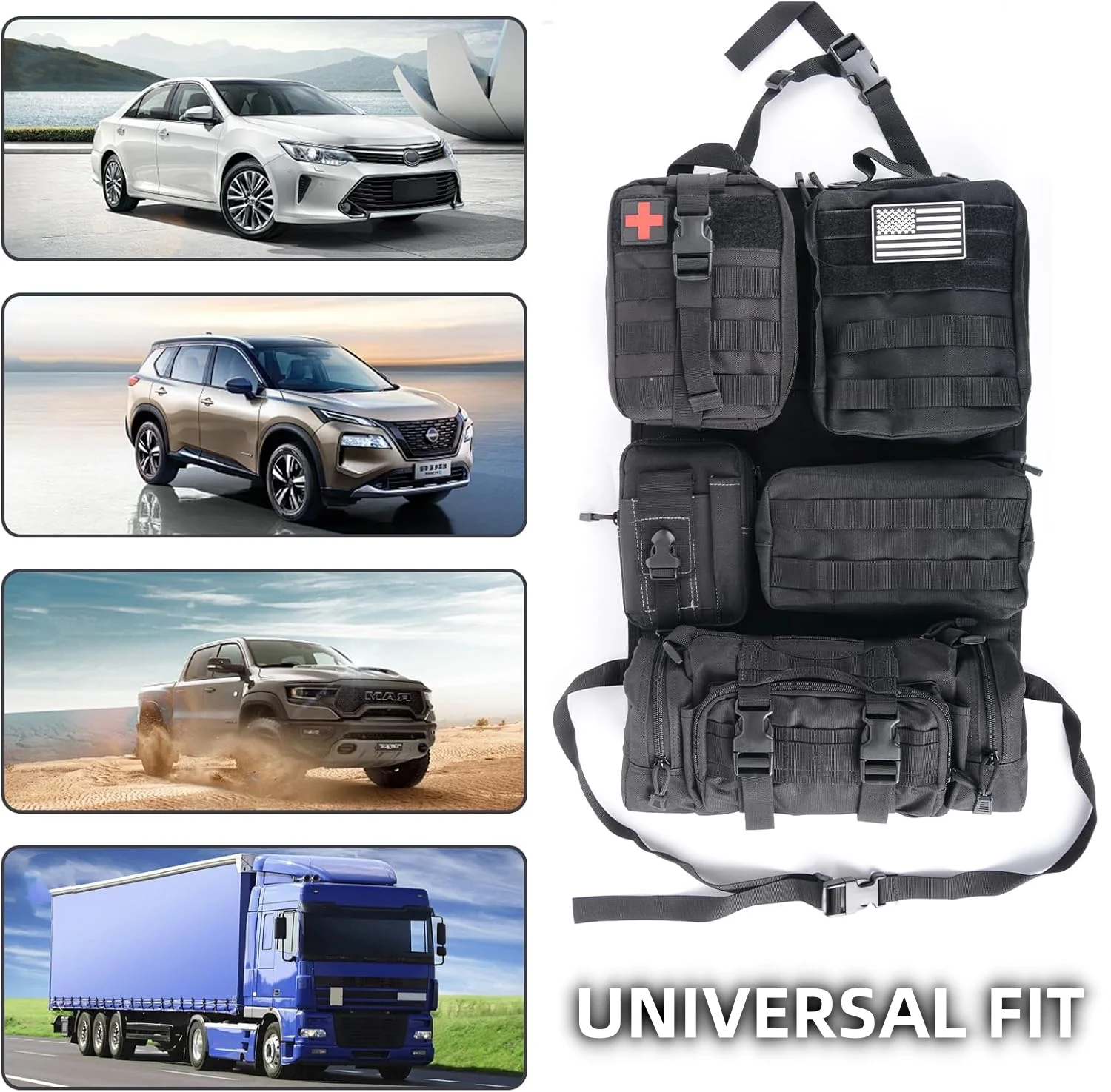 Organizer universale per schienale del sedile del veicolo con pannello Molle e 5 tasche staccabili: include marsupio, kit medico e custodia per attrezzi