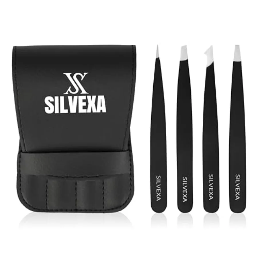 4-in-1 Tweezers Set Precision Stainless Steel Slant, Pointed and Angled Tweezers for Eyebrow Shaping, Facial Hair and Ingrown H