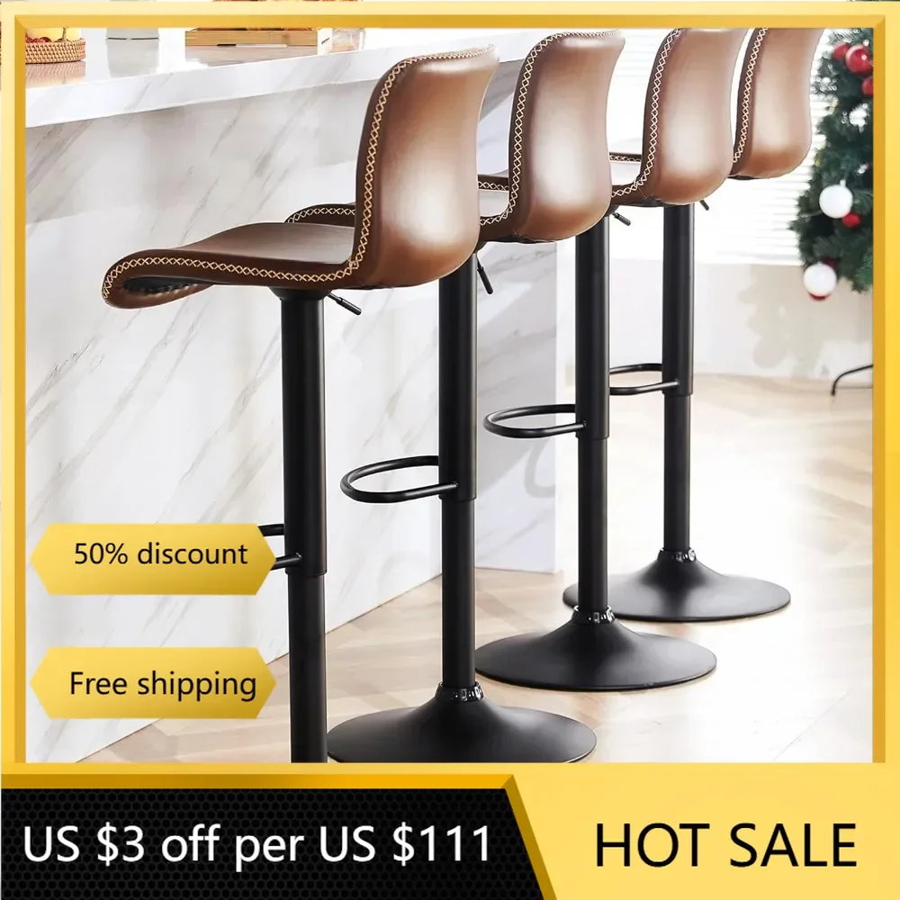 Counter Height Bar Stools with Back, Adjustable Bar Stools 24" to 32", Brown Faux Leather Bar Stools for Kitchen Island