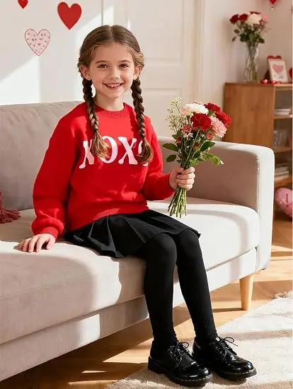 Little Hand Girls Valentines Outfits 2 Piece Clothing Set Kids Red Long Sleeve Sweatshirt Top + Black Long Pantskirt for Age2-10