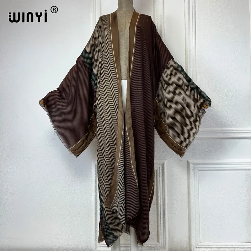 WINYI Africa fashion summer kimono maxi dress cover up beach women Cardigan boho sexy coat Geometric print kaftan beach outfits