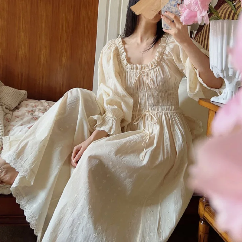 High Quality Vintage Soft Pure Cotton Long Nightgowns For Women Long Sleeve Elegant Embroiedry Comfortable Loose Night Dress