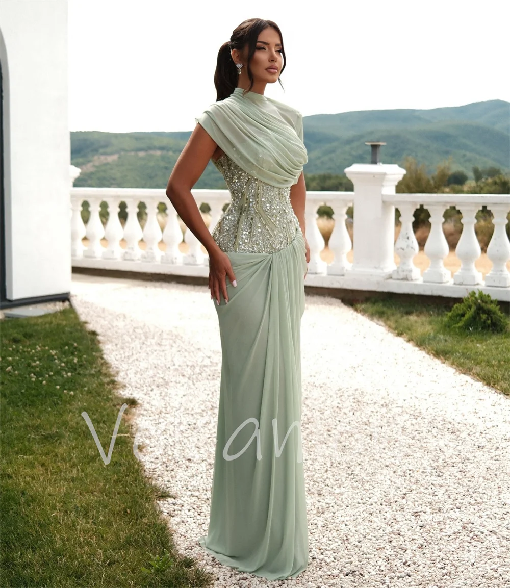 Customized Fashion Chiffon Pleat Sequined Straight High Collar Long Evening Dresses Luxury 2026 Evening Dresses