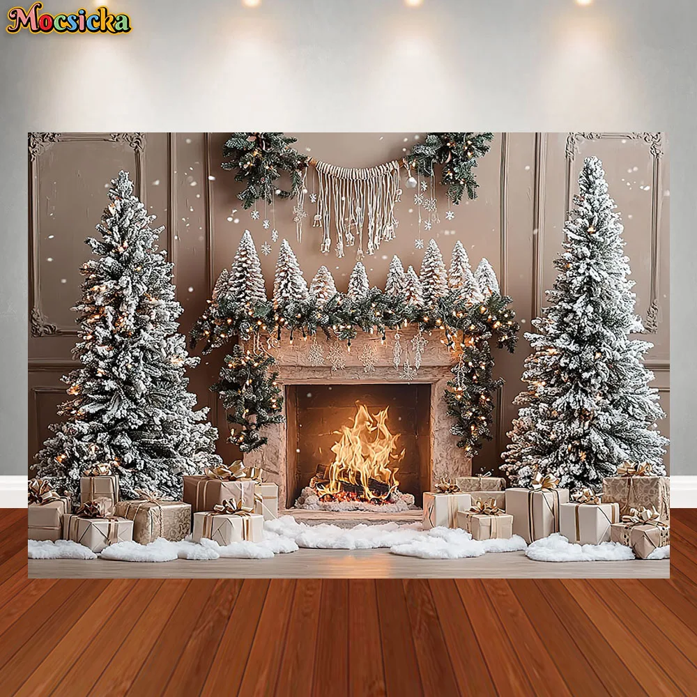 Mocsicka Photography Background Christmas Tree Fireplace Garland Holiday Decoration Boys Girls Photo Backdrop Studio Props