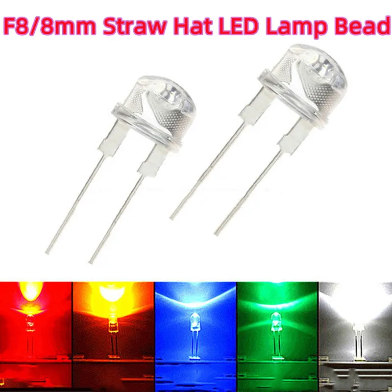 100pcs Through-Hole 8mm Straw Hat 0.5W LED Lamp Bead F8 White-emitting White/Red-Blue-Green