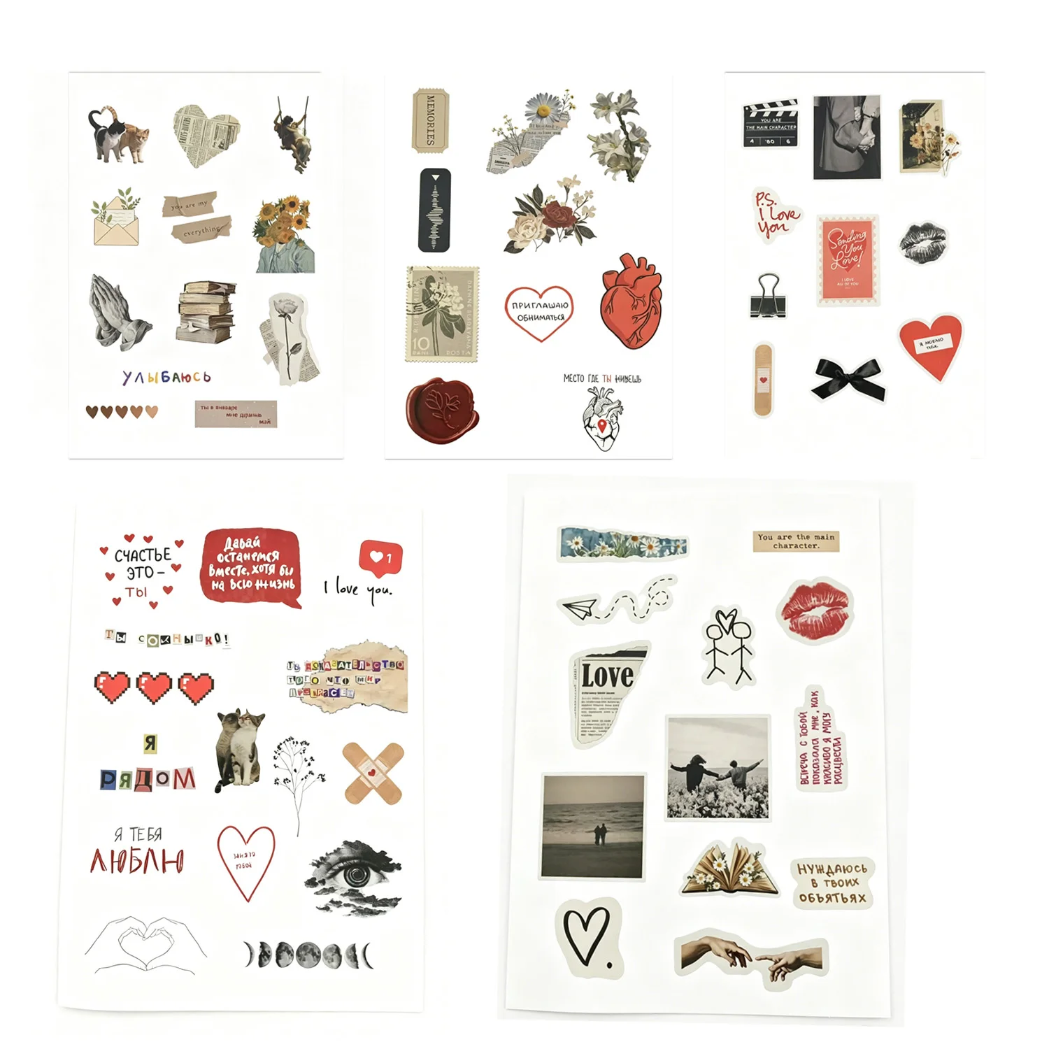 5 Sets of Vintage Heart-Themed Stickers, Including 60 Irregularly Shaped Text Stickers, Perfect for Valentine's Day Decorations, Suitable for Photo Albums, Diaries, Mugs, Laptops, and Smartphones