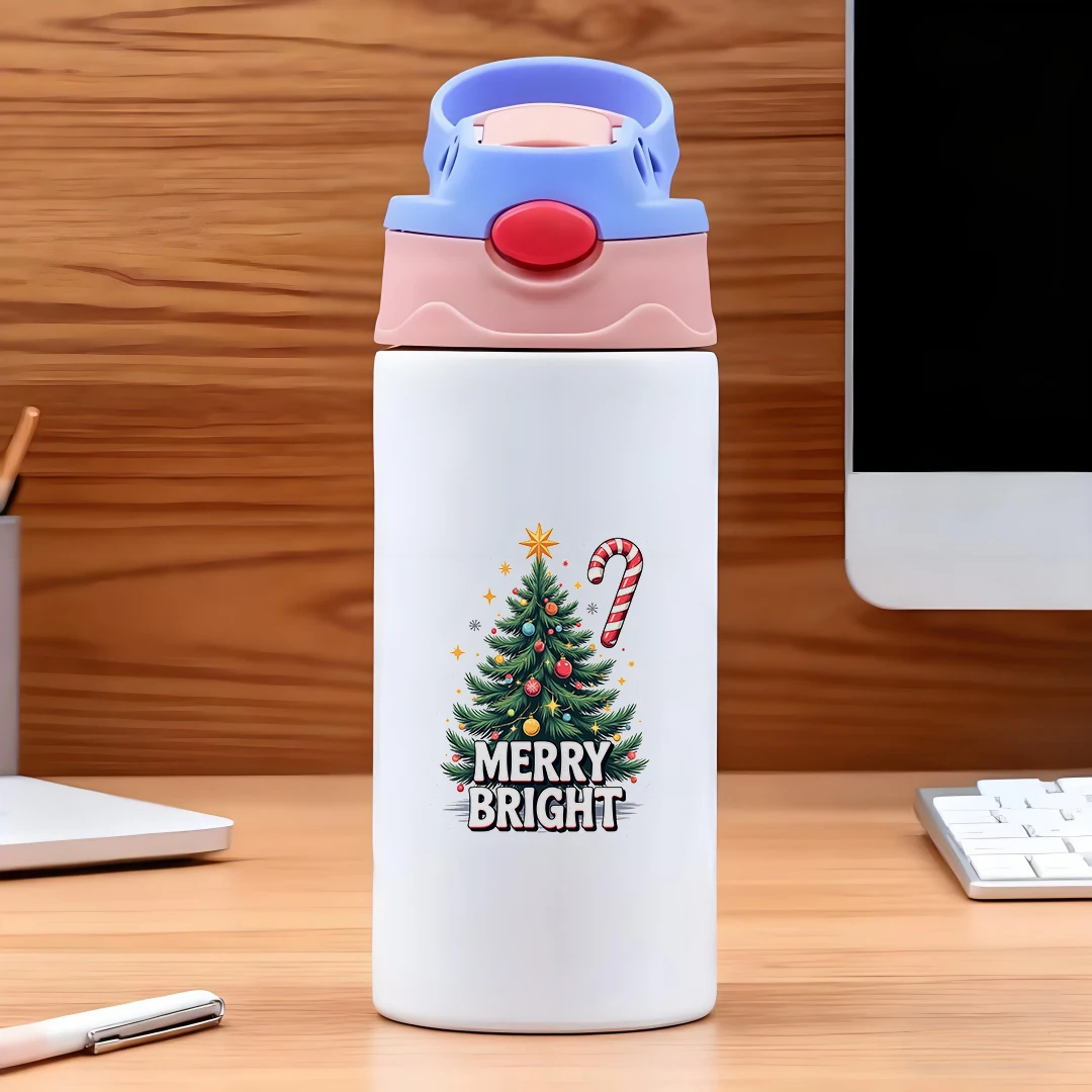 Tasse isolée en acier inoxydable 304, tasse en paille d'arbre de noël de dessin animé, bouteille d'eau isolée pour enfants, cadeau de noël indispensable et confortable
