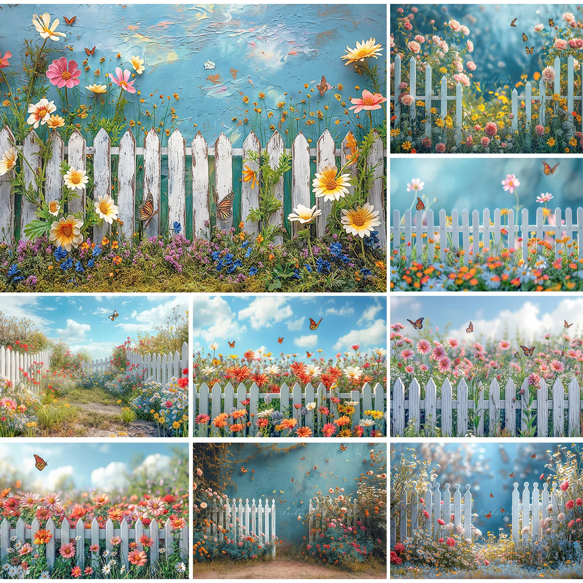 White Picket Fence and Flowers Photography Backdrop Kids Baby Cake Smash Photocall Decor Wildflowers Child Adult Backgrounds