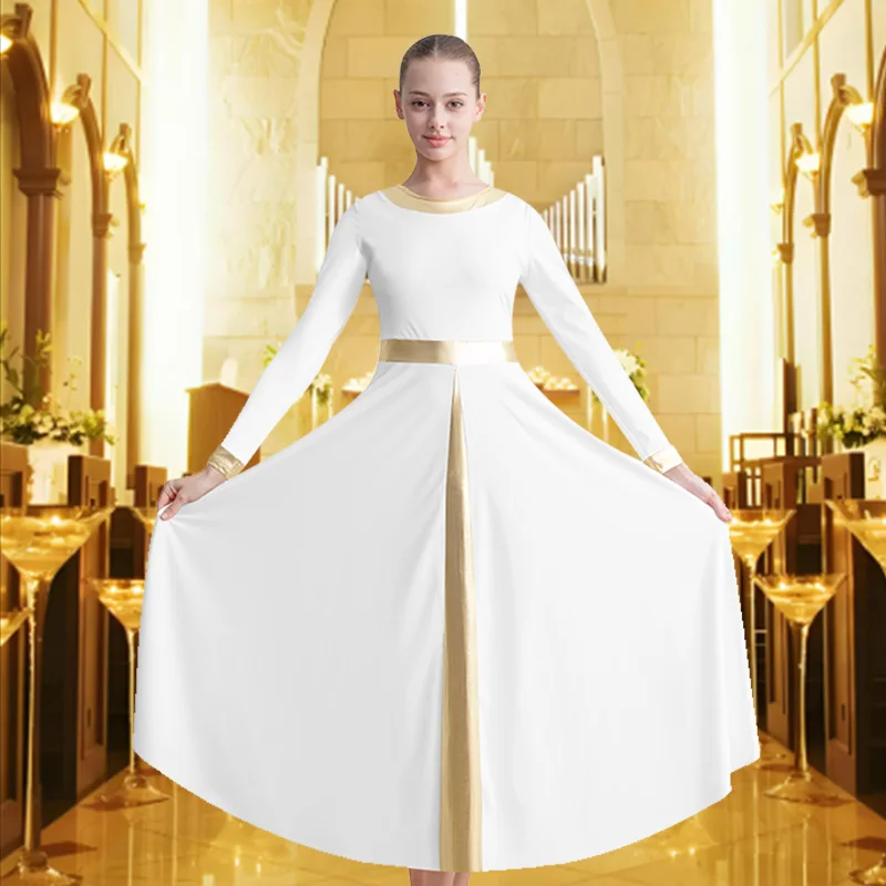 Langärmliges, lockere Passform für Damen in voller Länge, Lob-Moden-Tanzkleid für Erwachsene, Anbetung, liturgisches Metallic-Kostüm, Tanzkleid