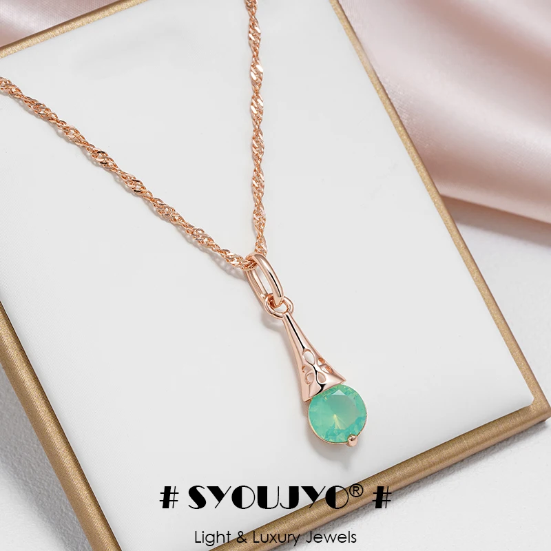 SYOUJYO Shiny Green Natural Zircon Pendant Necklace For Women Fine Jewelry 585 Rose Gold Color Luxury Accessories Gift