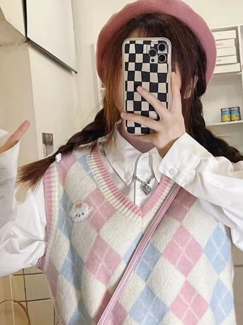 Pink Argyle Sweet Preppy Style Pullovers Sueter Mujer V-Neck Knitted Vests Y2k Autumn Sleeveless Short Women Korean Sweaters