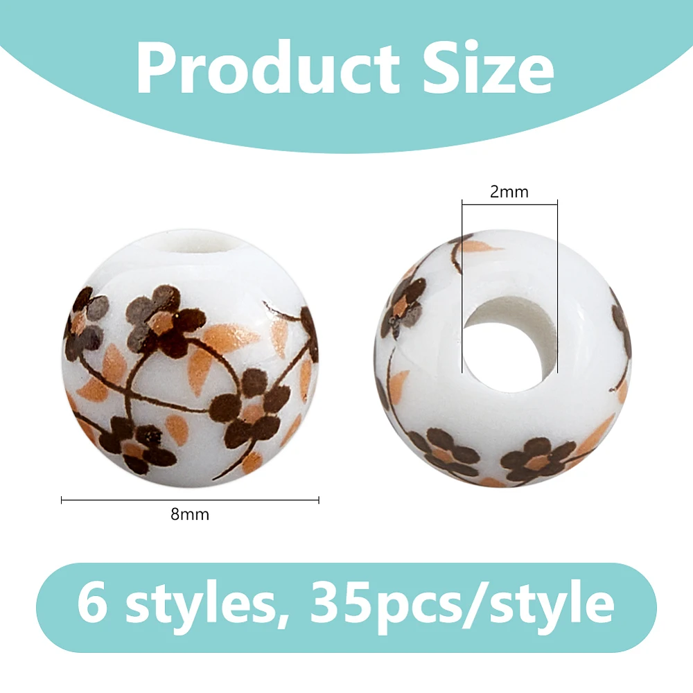 210Pcs Round Ceramic Bead 6 Colors Flower Printed Beads 8mm Floral Pattern Bead Handmade Porcelain Beads Bulk Hole: 2~2.5mm