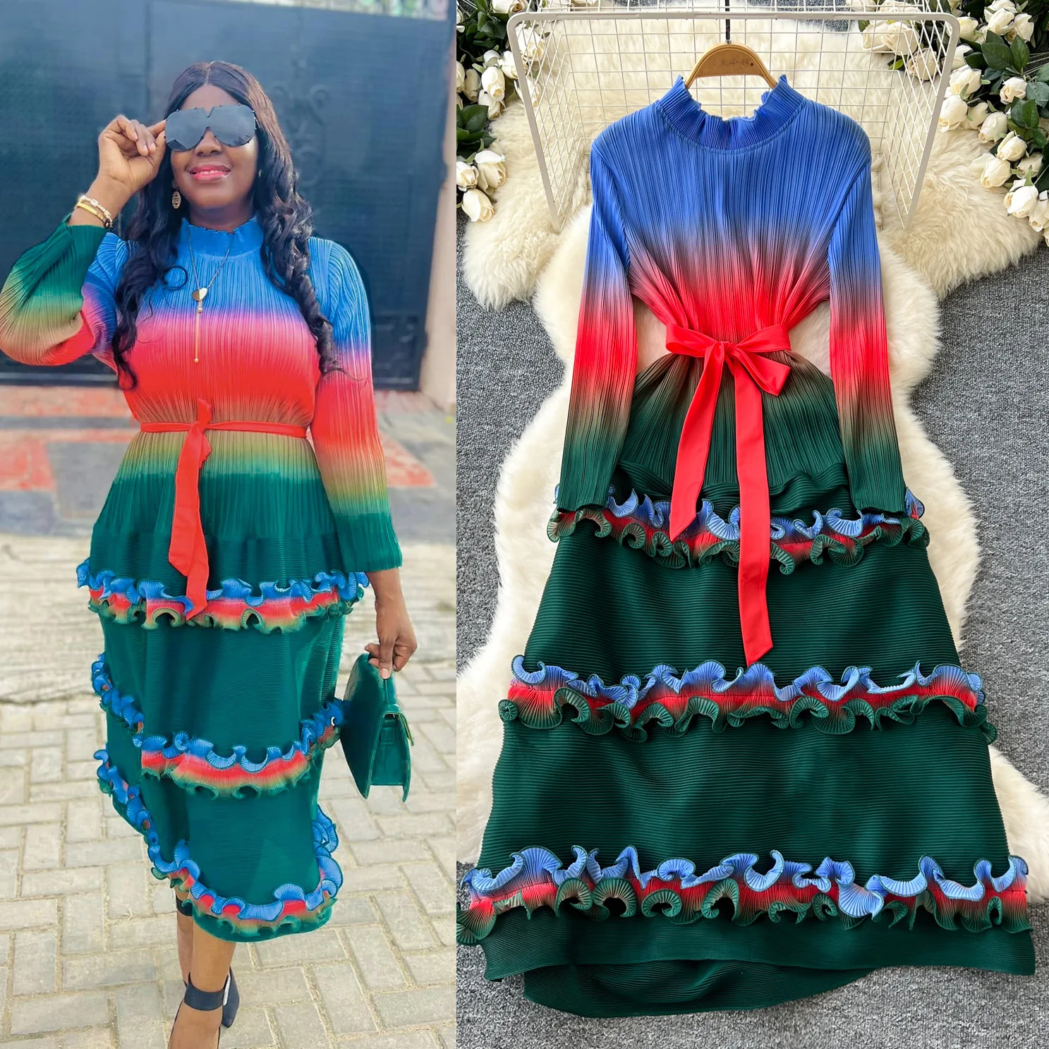 2025 Fashion Waist Thin Gradual Change Color Dress Women Miyake Pleated Design High Waist Fungus Edge Pleated Dresses