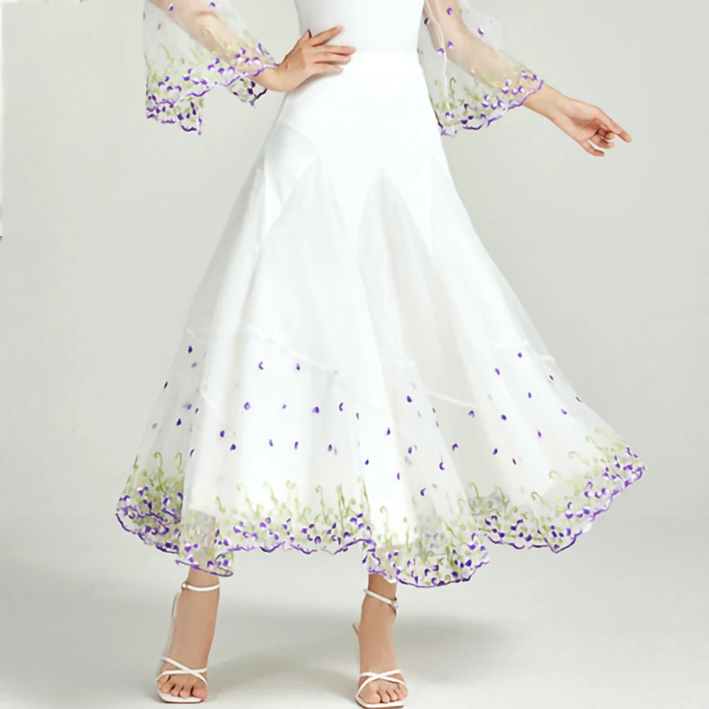 تنورة الفالس الحديثة الأبيض الأرجواني جودة عالية مسابقة الرقص الحديث مناسبة رسمية تنورة عرض مطرزة