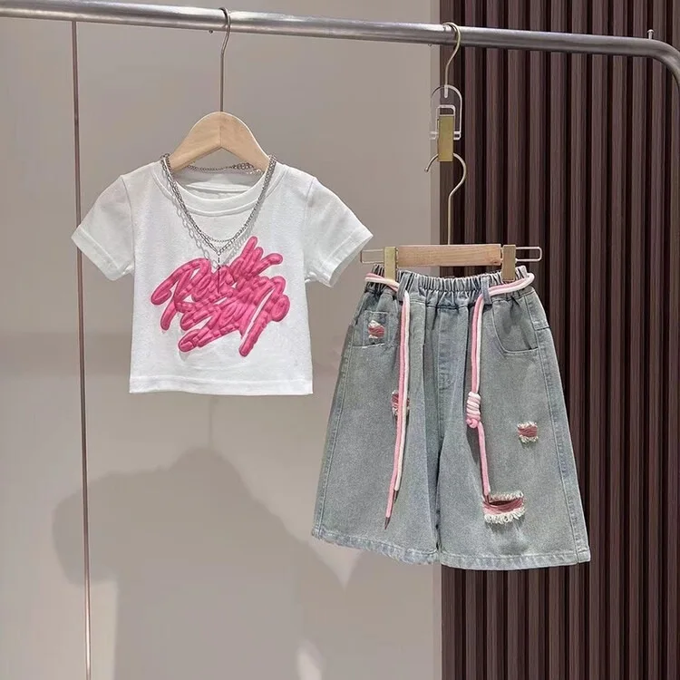 Girls summer set with 3D spray painted graffiti short sleeved T-shirt+ripped Hole denim shorts 2Pcs set Teenagers' casual outfit