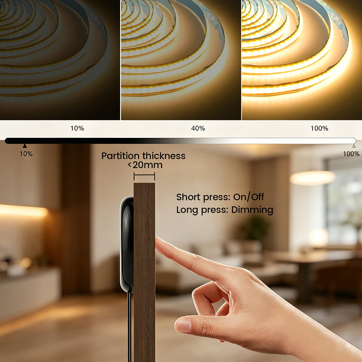 Under Cabinet Free-cut COB LED Strip Light 5mm PCB Display Closet Bookcase Wardrobe Lamp Penetrable Wood Dimmable Touch Sensor view 4
