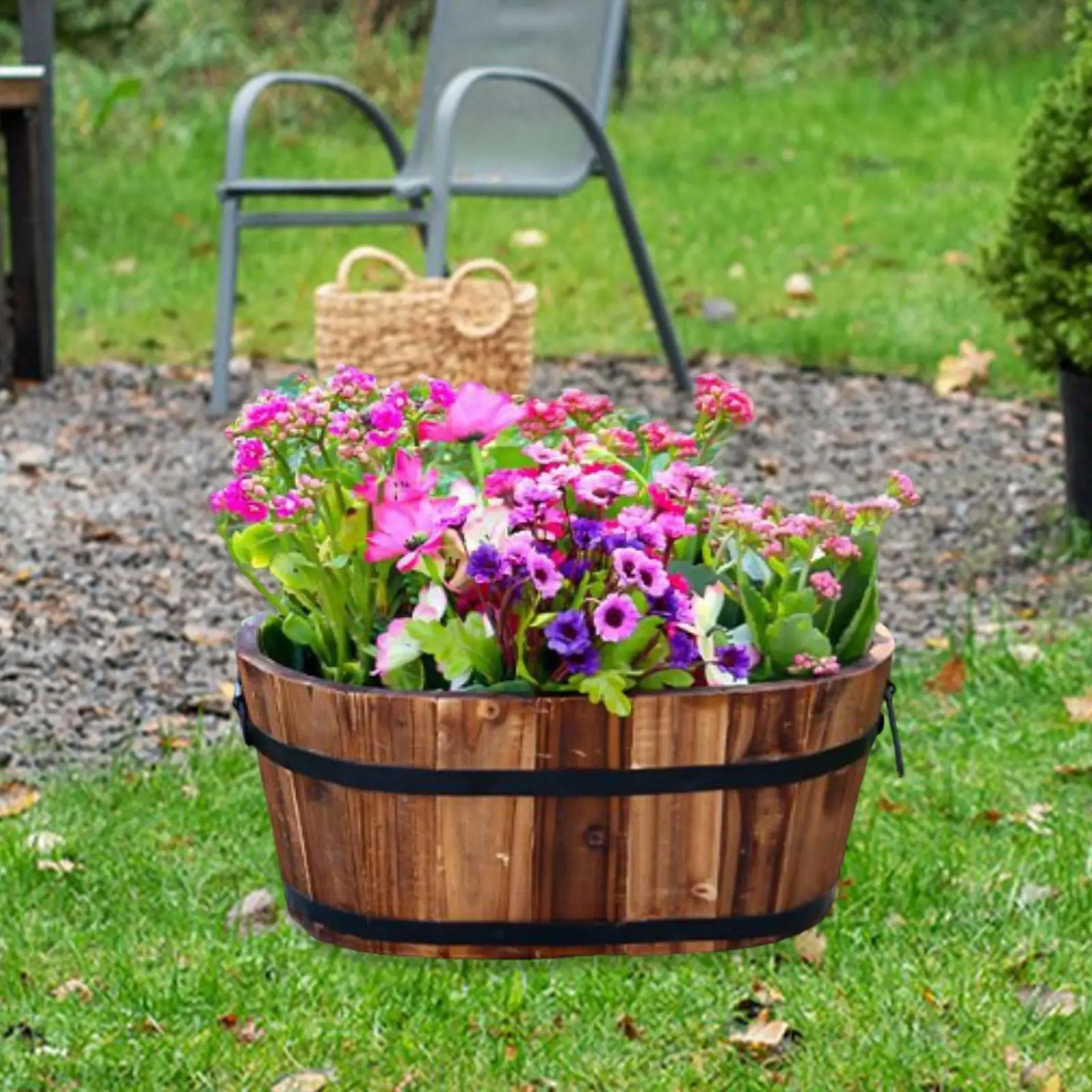 Wooden Oval Planter Decorative Barrel Flower Pot with Drain Outdoor Garden Decor for Windowsill and Table