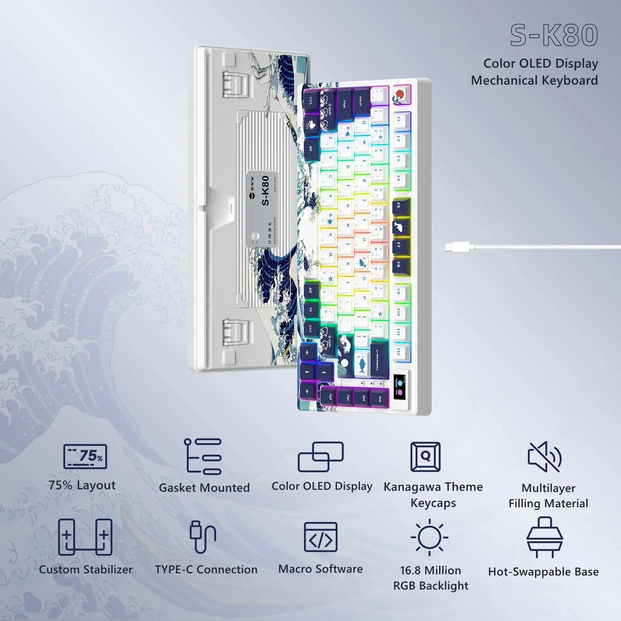 womier White Great Sea Wave Hot Swap RGB Wired Gaming Keyboard 81 Keys Gasket Mounted Mechanical Keyboard with Display for PC