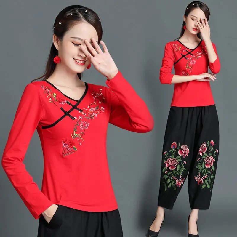 China elegante blusa bordada para mujer, Top Cheongsam, blusa informal delgada, camisa de estilo nacional, traje Tang Vintage para mujer, Moda de Primavera