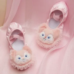 Satin Flat Dance Shoes for Girls w Cute Bear Front Pink Slippers Princess Design Child Ballerina Practice Dancing Training Use