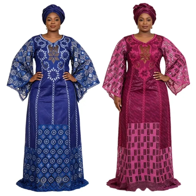 L-4XL Plus Size African Clothes for Women Dashiki Ankara Embroidery Sequin Evening Gown Bazin Rich Design Wedding Party Dresses