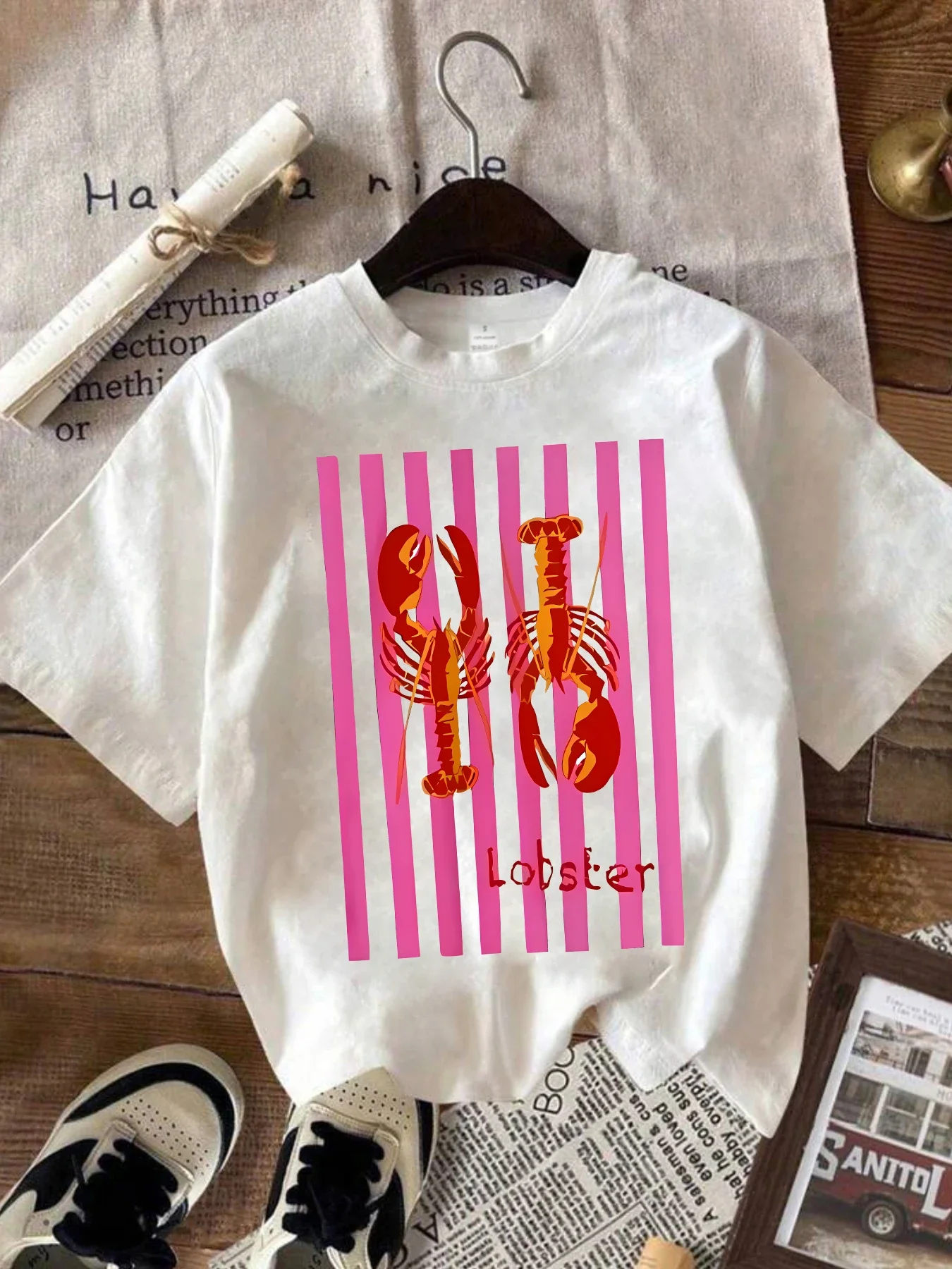 Summer Product Boston Lobster Pattern Printed Round Neck Comfortable T-shirt with Personalized Humorous and Humorous Style Top