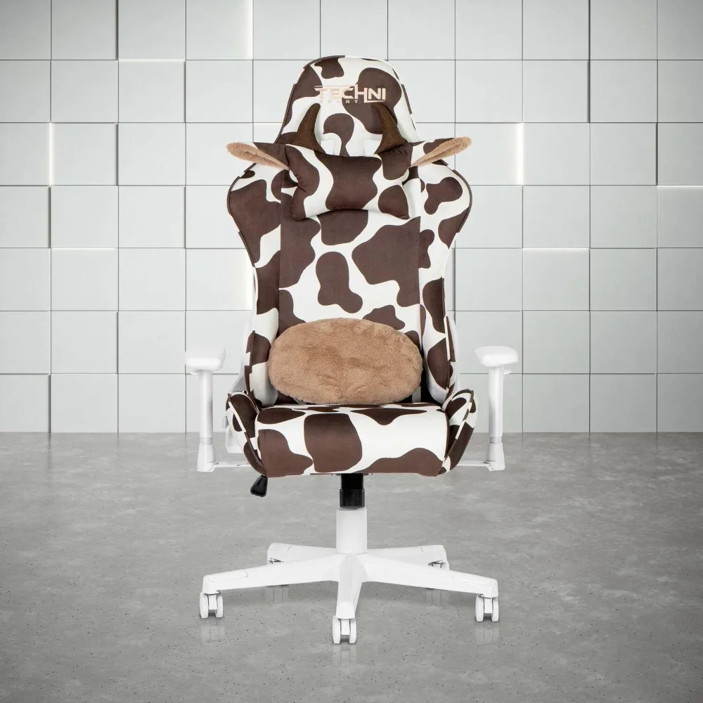 

Gaming chair with cow print upholstery, memory foam seat, cow headrest pillow, double-sided lumbar pillow