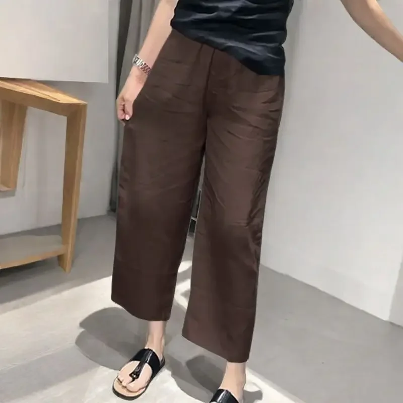 Slim Cotton Linen Women's Pants Elastic Nine Points Summer Loose Casual Artistic High Waist Wide Leg Trousers
