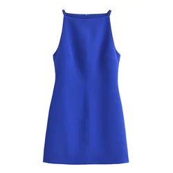 Tangada 2024 Summer Women Blue Tank Dress Zipper Female Mini Dresses 6P045