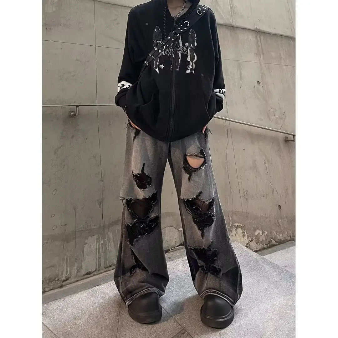 

American Street Style High Street Vibe Washed Vintage Loose Straight Leg Jeans Men Women Hole Punching Trousers