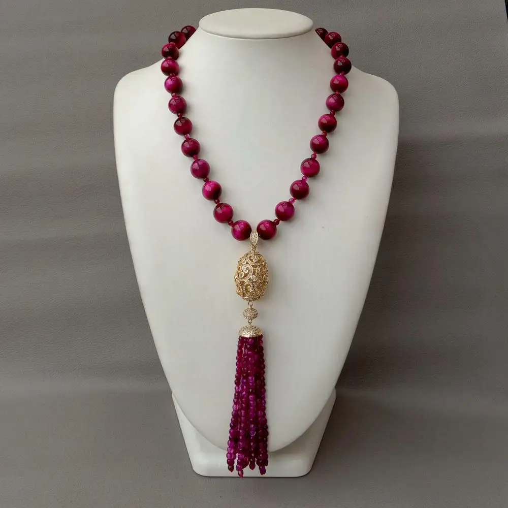 

22"14mm Fuchsia Tiger Eye round beads Necklace Fuchsia stone Cubic Zirconia micro pave egg gold color plated Pendant for women