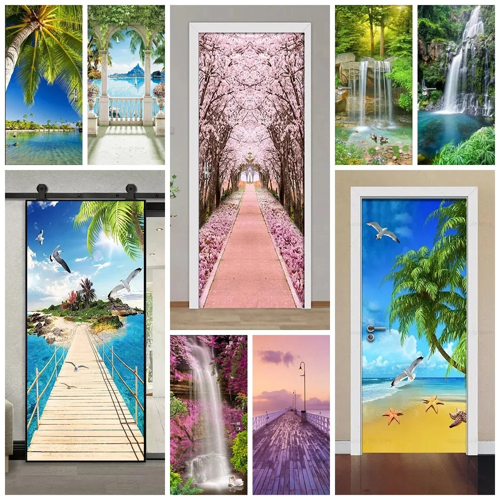 

3D Tropical Beach Door Sticker Cherry Blossom Path Waterfall Landscape Removable Self Adhesive Wallpaper Home Decor