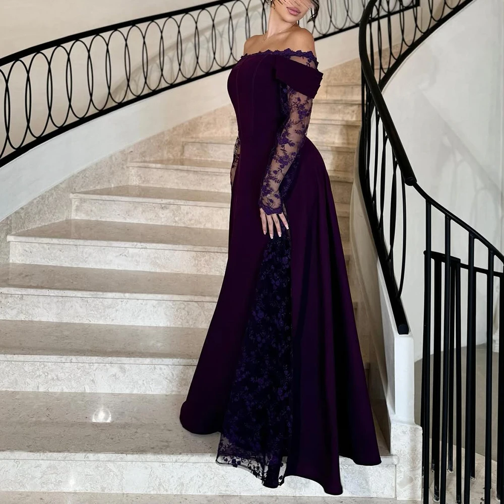 Customized Classic Boat Neck Off the Shoulder Long Sleeves Jersey Evening Dress Graceful Lace Pleats Photo Color Party Gown image 2