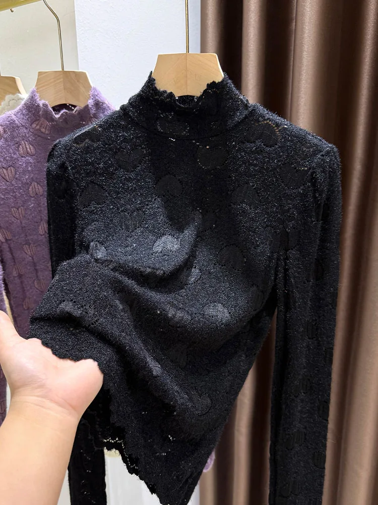 

Korean Sle Bla Lace Base irt Women's Autumn Winter Sweater Layering Inner Wear Outer Wear Wave Top Ladies' Faion