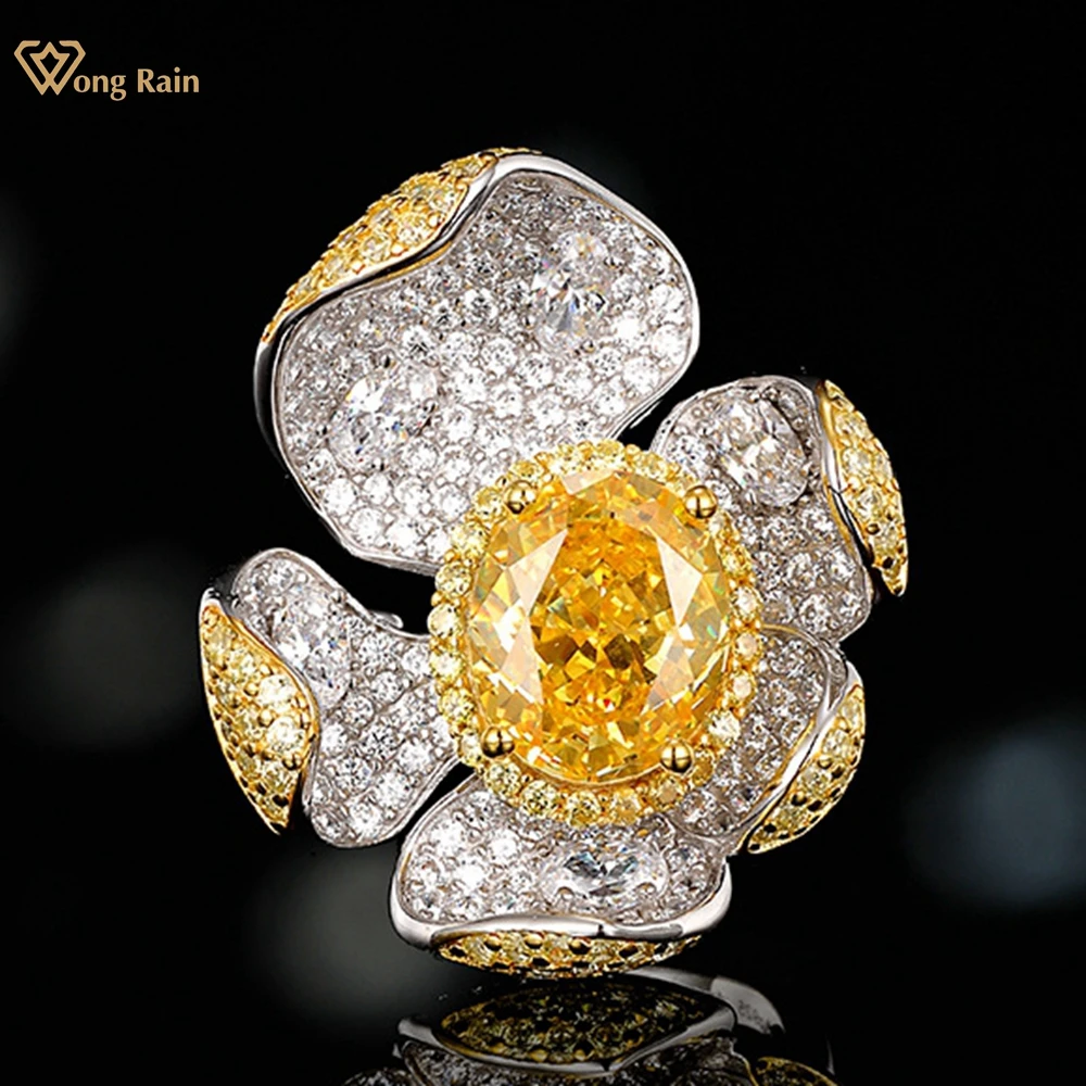 Wong Rain Luxury 100% 925 Sterling Silver Oval Cut Lab Citrine High Carbon Diamond Gemstone Fine Jewelry For Women Flower Ring