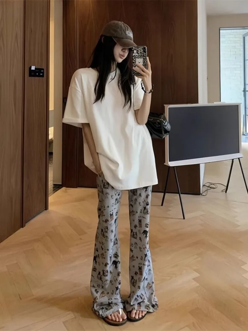   패션 여름 스포츠 티셔츠 여성의 느슨한 반팔 트럼펫 바지 캐주얼 투피스 세트 여성 의류