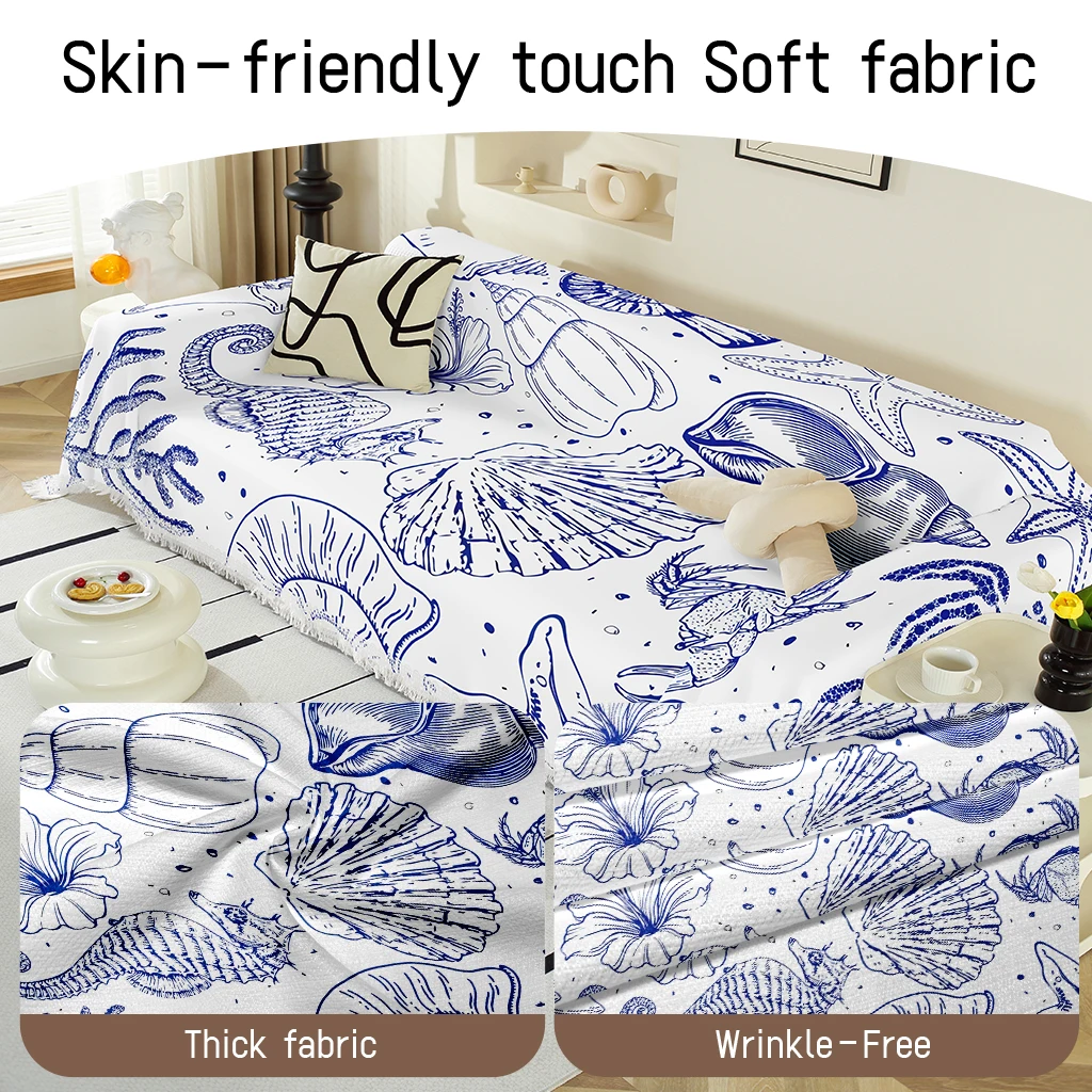 1pc Seashell Marine Sofa Cover, Coastal Nautical Couch Throw, Soft Washable Protector with Tassels
