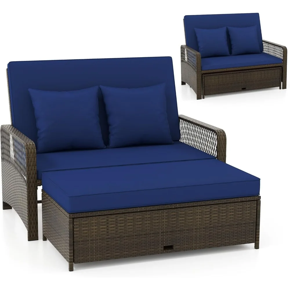 Outdoor Daybed, Wicker Loveseat Sofa Set with Storage Ottoman,Sofa Pillows & Cushions