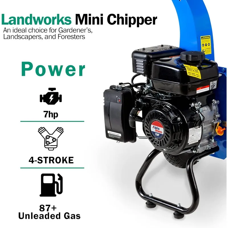 Mini Wood Chipper Shredder Mulcher Heavy Duty 7HP Compact Design 3" Inch Max Capacity