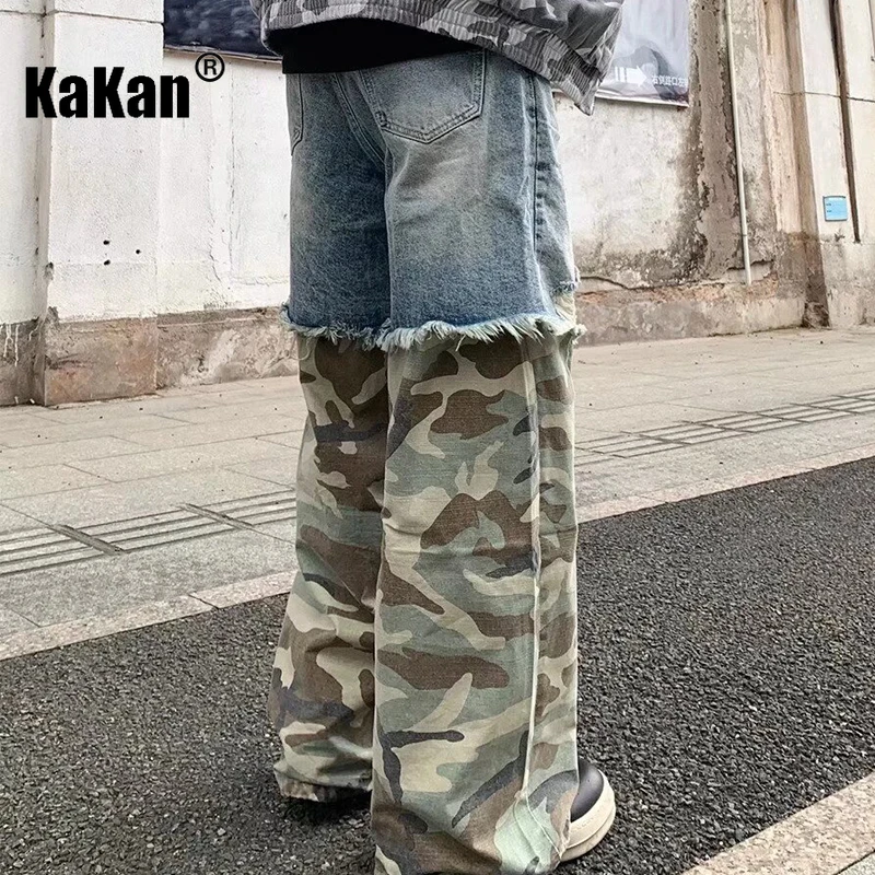 Kakan - New Men's Splicing Camouflage Jeans, y2k Men's Pants High Street Niche Wash Loose Wide Leg Long Jeans jeans man brand