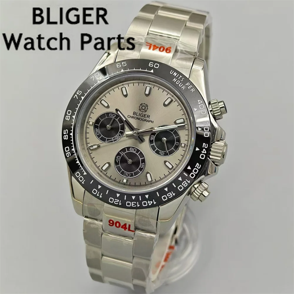 BLIGER 39mm Gray Dial Chronograph VK63 Quartz Men\'s Watch Fixed Ceramic Bezel Sapphire Glass Green Luminous Steel/Rubber Strap