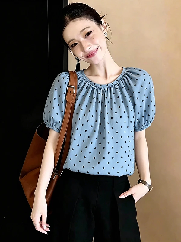 

Summer New Design Polka Dot Bubble Sleeve Sweet Style Women's Shirt Korean Version Commute Style Skin-friendly Breathable