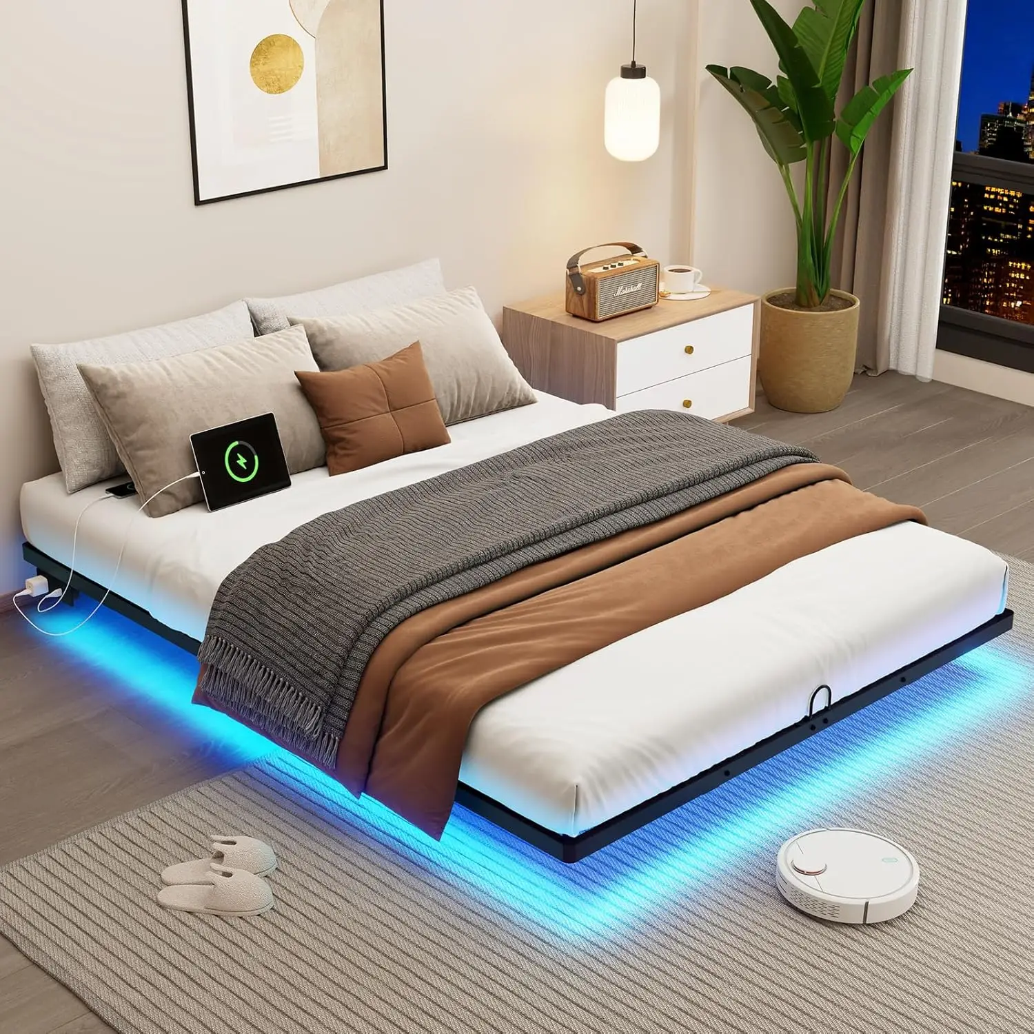 

Металлическая кровать Queen Size с эффектом парения, LED-подсветкой и зарядной станцией, простая сборка, бесшумная