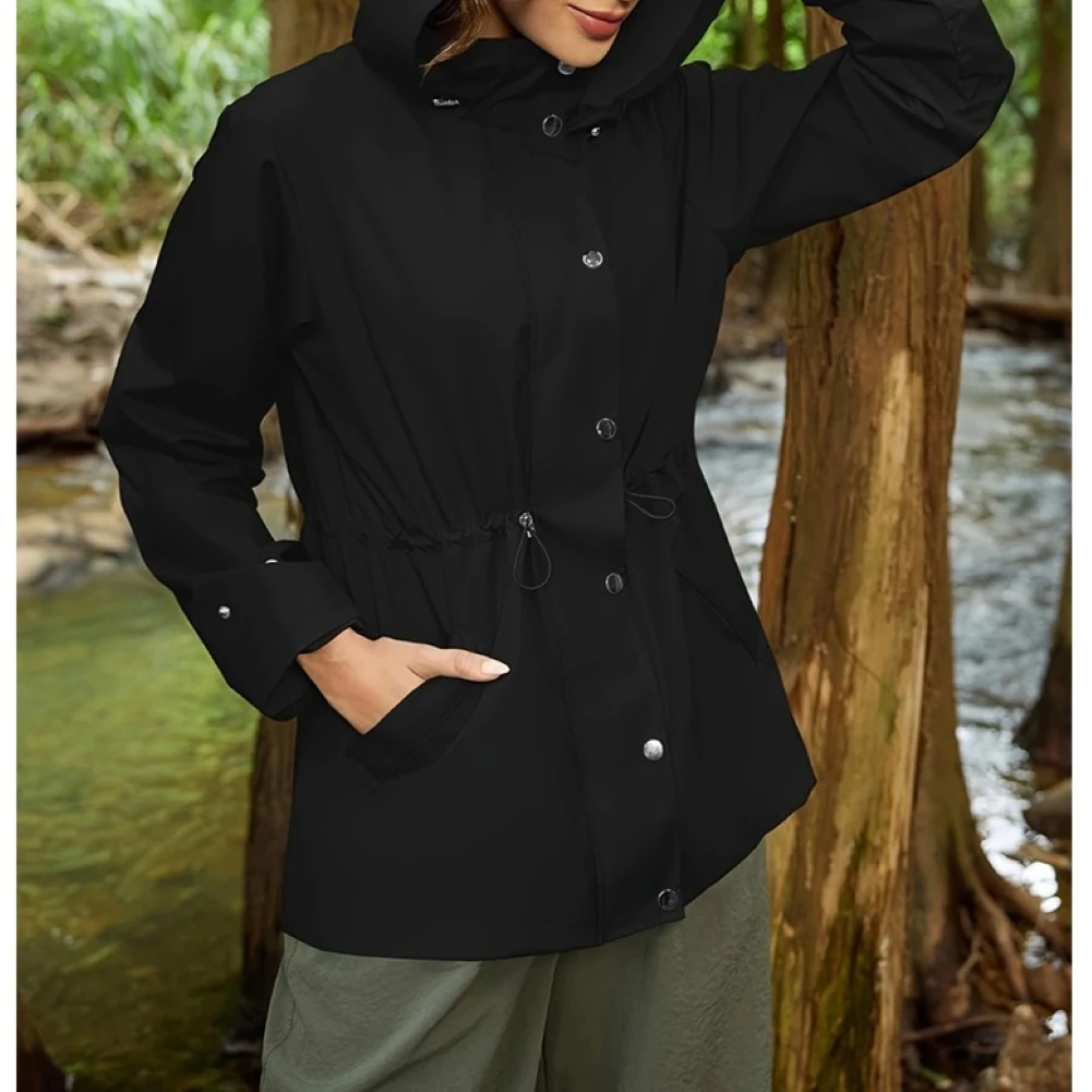 Womens Regular Length Solid Trench Coat Hooded Windproof with Stand Collar Snap Buttons and Drawstring Waist Feature