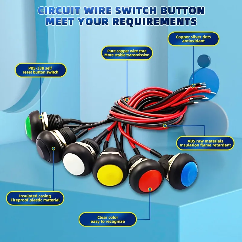 12Pcs  6Colors Momentary Push Button Switch 12mm SelfResetting Switch 3A/125VAC Waterproof with Pre-soldered Wires PBS-33B-BK-X