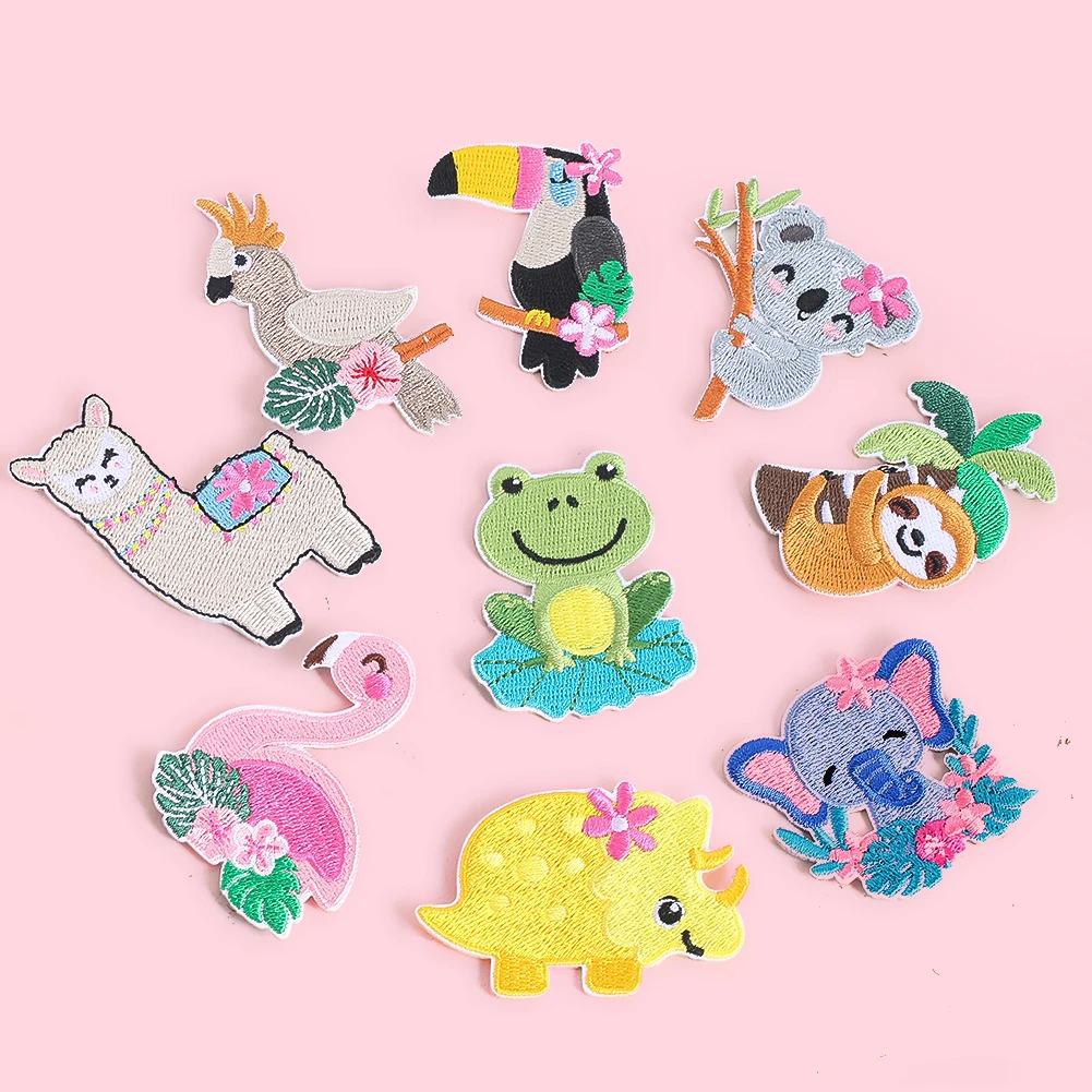 9PCS Lovely Cartoon Animals PatchesRhinoceros Bird Elephant Alpaca Sloth Flamingo Koala Frog and Toucan Embroidered DIY Supplies