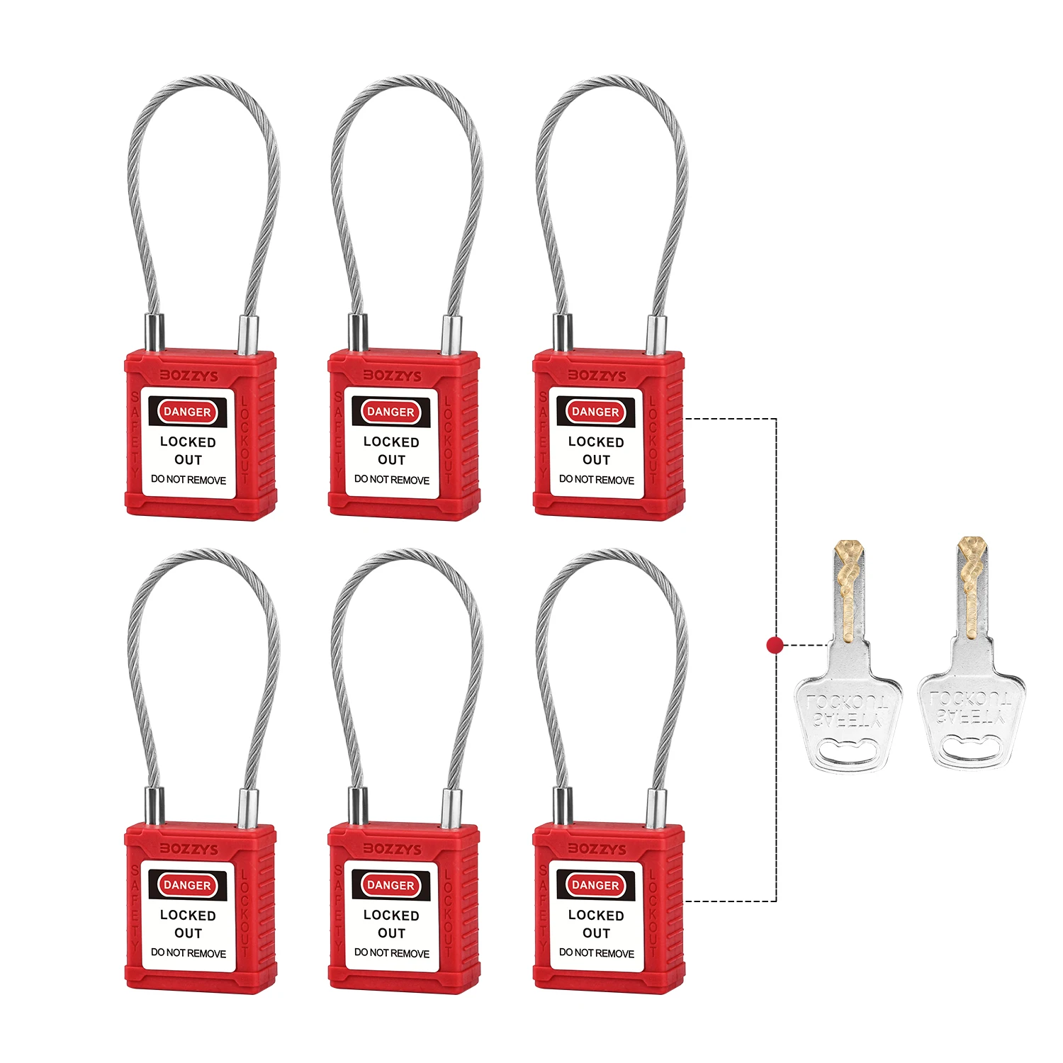 6PCS Master Keyed Safety Cable Padlock with Custom Laser Coding and Label for Industrial Lockout-tagout